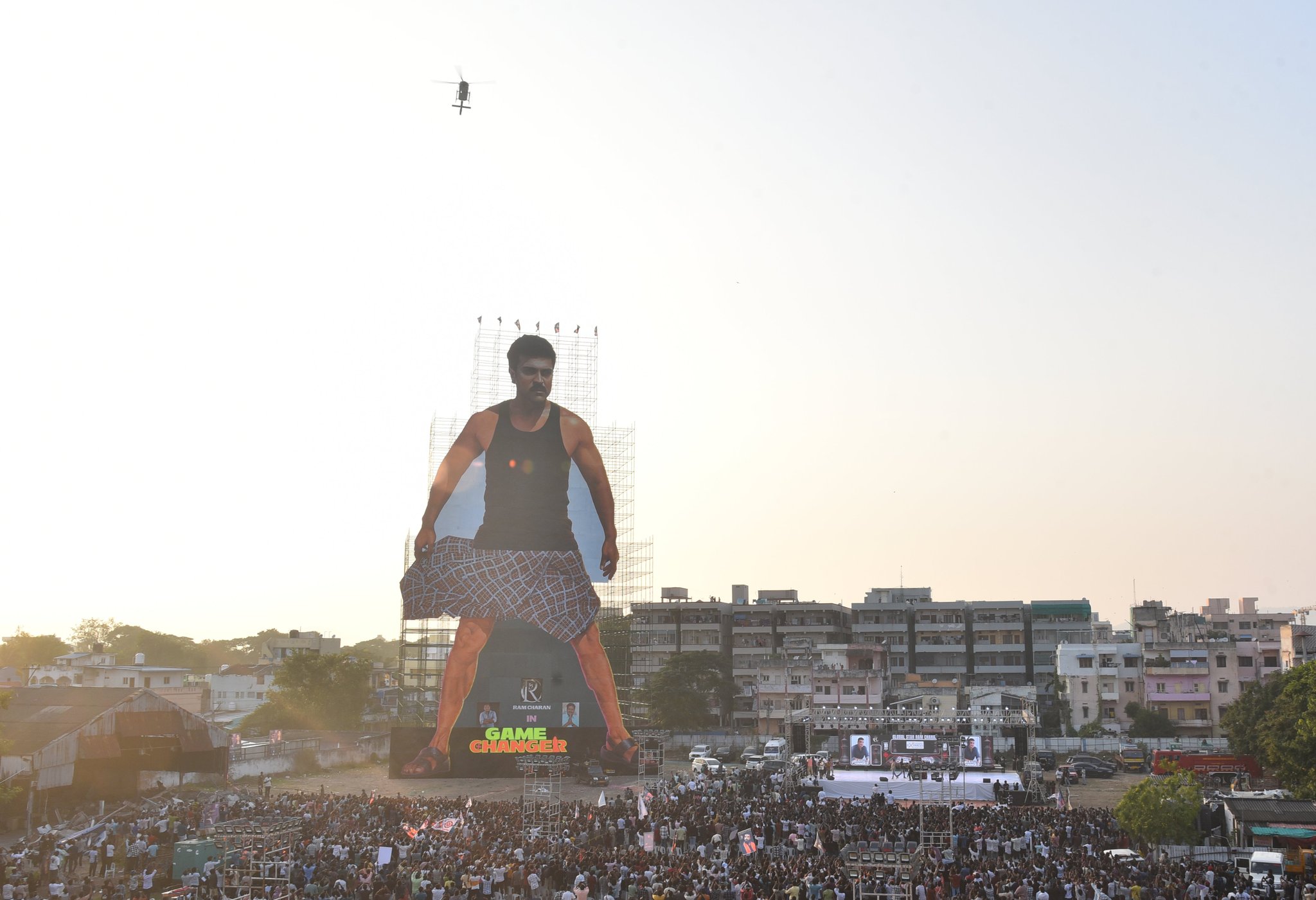 Huge cutout of Ram Charan in Vijayawada