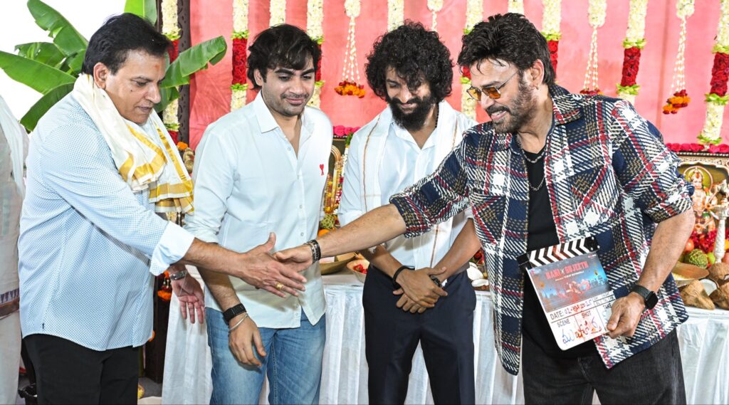Venkatesh, Nani and Sujeeth from the Pooja Ceremony of Nani X Sujeeth